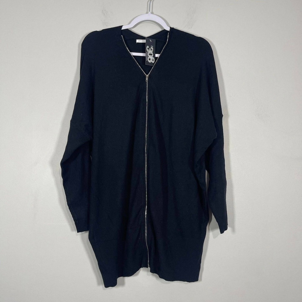 Staccato Long Line Cardigan Sweater Womens Large Black Full Zip Dolman Sleeve